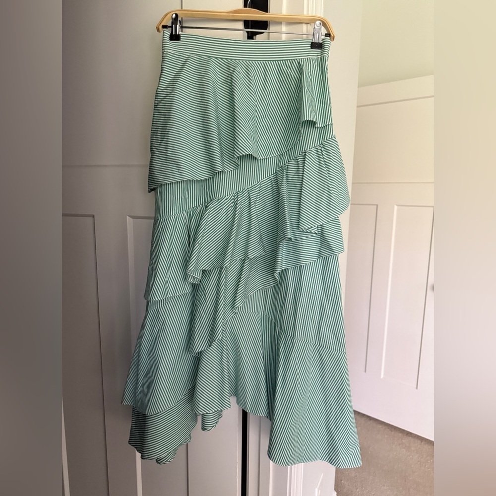 Pearl by Lela Rose Green Ruffle Stripe Asymmetrical Midi Skirt cotton poplin